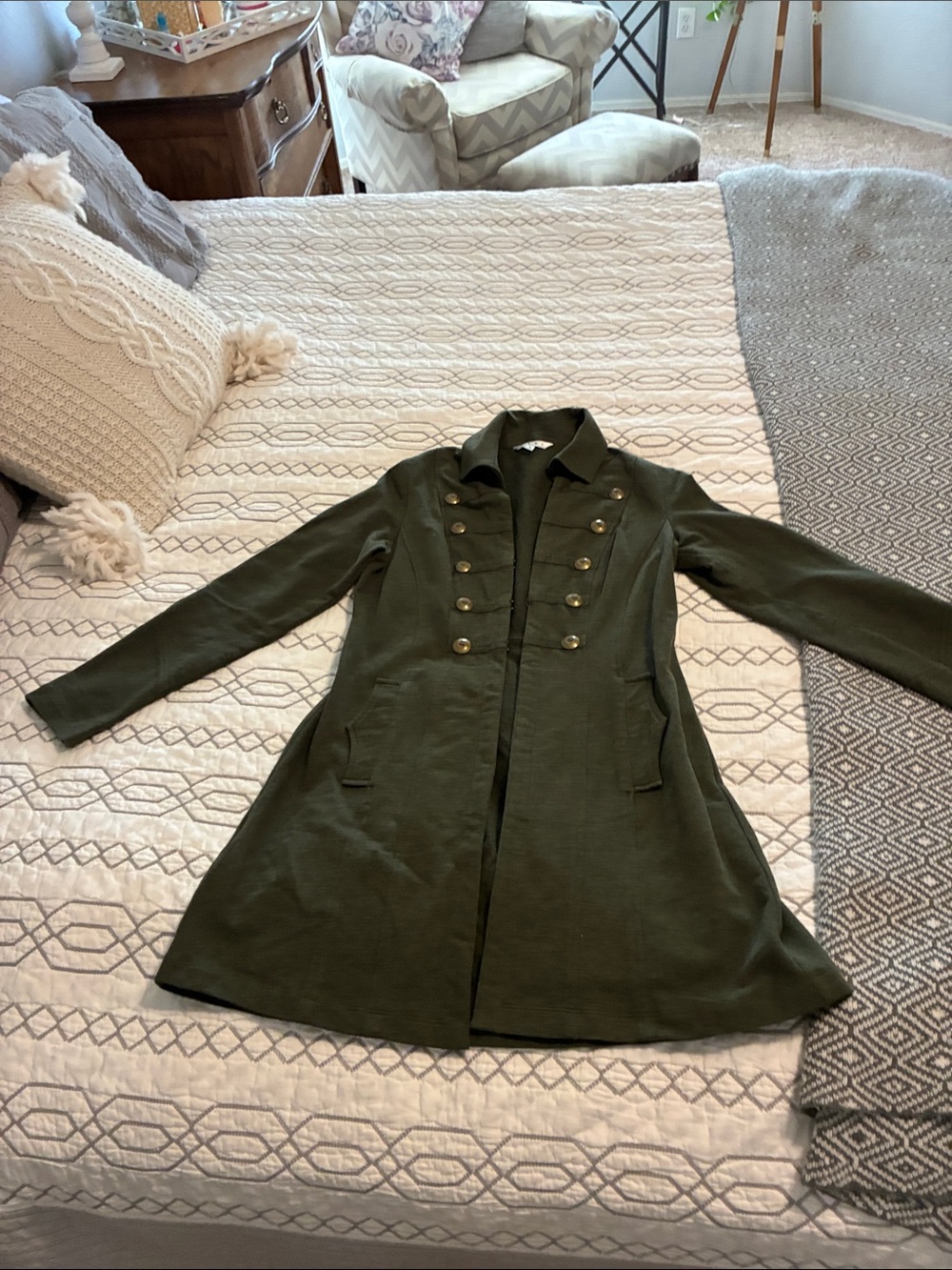 NWOT!! CAbi Olive Green Military-Inspired Long Trench Coat